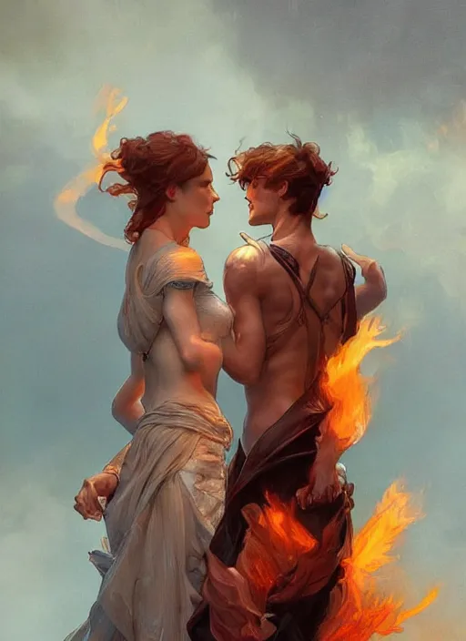 Prompt: a couple made of fire and smoke, full body view, beautiful high quality realistic fantasy art, trending on artstation by artgerm and greg rutkowski and alphonse mucha