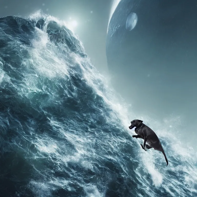 Image similar to photo of a dark charcoal coat pit bull with a white paws, surfing on a surfboard in a crashing wave of alien ocean in space, background is an alien galaxy, matte, aliens in the background, alien colors, octane render, unreal engine, wide view, 8 k, high detaild