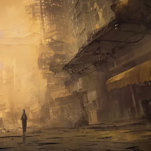 Image similar to post apocalyptic city, crying girl covered in yellow and blue smoke, by akihiko yoshida