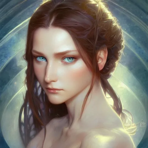 Image similar to portrait of astonishingly beautiful girl, blue eyes, face, fantasy, intricate, elegant, highly detailed, digital painting, artstation, concept art, smooth, sharp focus, illustration, art by artgerm and greg rutkowski and alphonse mucha