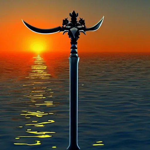 Image similar to a floating sword in front of a sunrise, extremely realistic and beautiful