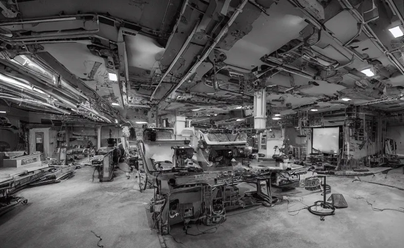 Image similar to a digital photo showing the inner working of an alien workshop, taken in a secret underground military base. alien grey. top secret. dumb. deep underground military base. 4 k