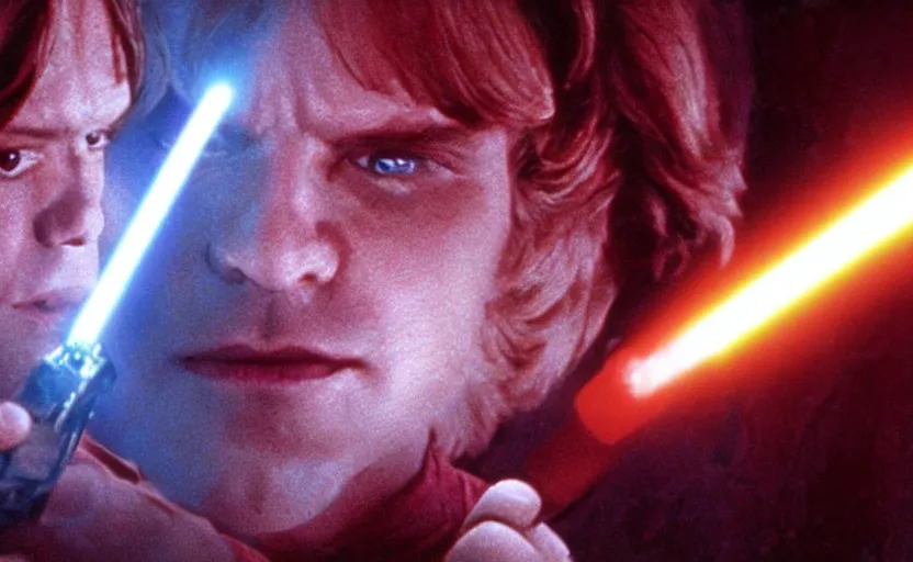 Image similar to screenshot of master Luke Skywalker in a kyber crystal cave, lightning refracting off the red gemstone crystal walls, iconic scene from the 1970s Star Wars film directed by Stanely Kubrick film, color kodak, ektochrome, anamorphic lenses, detailed faces, moody cinematography