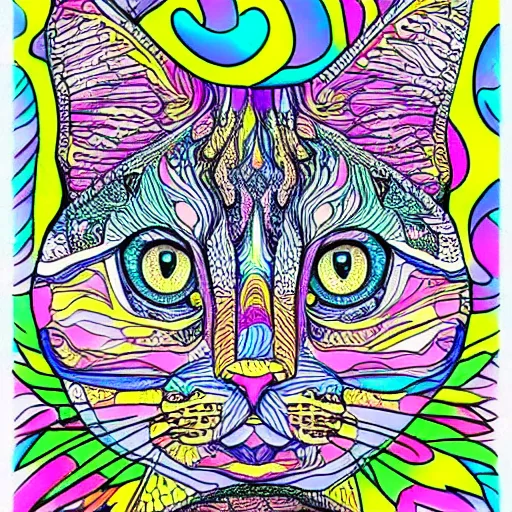 Prompt: cats deepdream, colouring page, colored with colored penci, lineart, centered