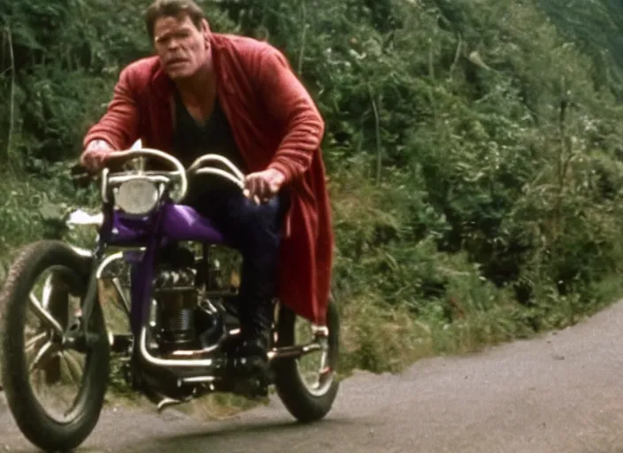 Image similar to film still of thanos riding a small childrens bike down a steep mountain road in the goonies 1 9 8 5