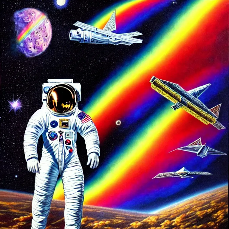 Image similar to by philip caza. astronaut at the rainbow bridge.