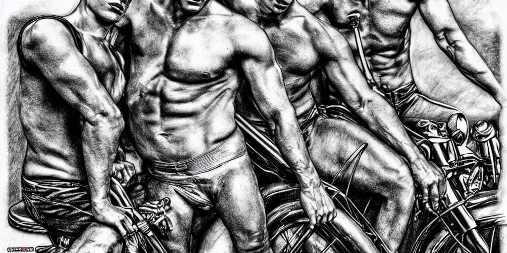 Image similar to men and motorcycles, detailed physique pictorial high quality pencil and ink drawing by tom of finland