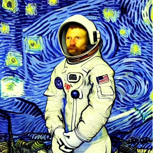 Image similar to portrait of astronaut, starry night in background, by van gogh