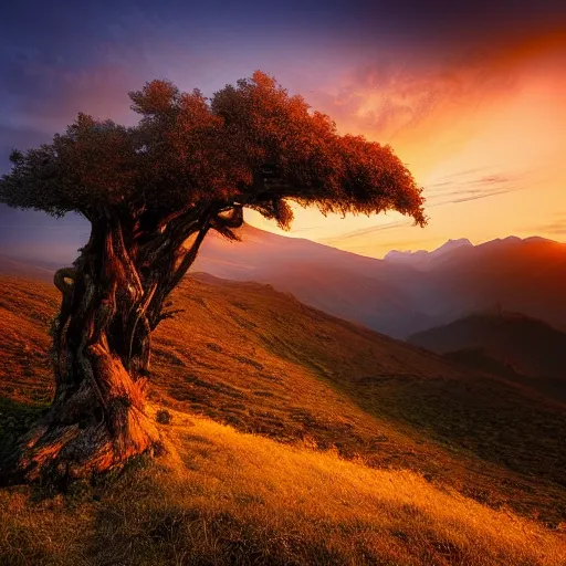 Prompt: a beautiful landscape photography of ciucas mountains mountains a dead intricate tree in the foreground sunset dramatic lighting by marc adamus