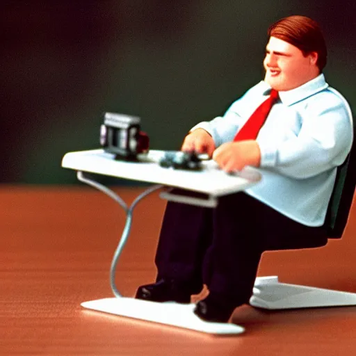 Prompt: clean - shaven chubby white man wearing a shirt and necktie sitting at a desk playing with a micro machine car, playful, 1 9 8 9 movie still, cinematography, cinematic lighting