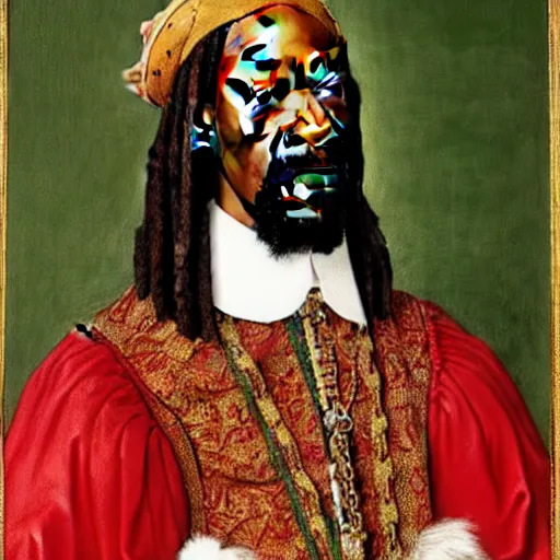 Image similar to a highly detailed portrait of snoop dogg, wearing elegant tudor clothes, inside a room with thick red tapestries, oil painting by hans holbein and alessandro allori and richard burbage