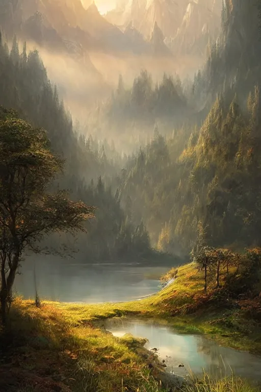 Image similar to beautiful matte painting by arthur gurin concept art fantasy path mountains and meadow in the background near a lake reflecting the trees, atmospheric lighting, painted, intricate, volumetric lighting, beautiful, rich deep colors masterpiece, sharp focus, ultra detailed by