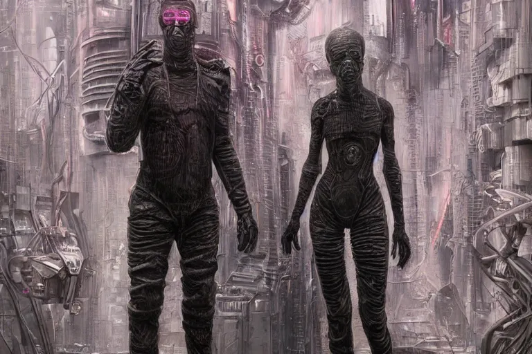 Image similar to highly detailed concept art of neuromancer characters, dystopian post - apocalyptic retrofuturistic neon vibe, an ultrafine detailed painting by hans giger and wayne barlowe, trending on deviantart, pop surrealism, whimsical, lowbrow, perfect symmetrical face, sharp focus, octane, masterpiece