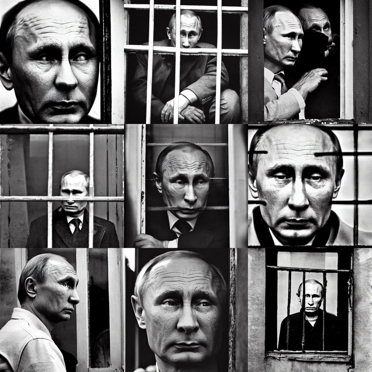 Prompt: a very sad and old wrinkled vladimir putin ( ( in prison clothes looking sadly out of the prison window with prison bars ) ). detailed professional 3 5 mm black and white photo by don mccullin and anders petersen world press photo award