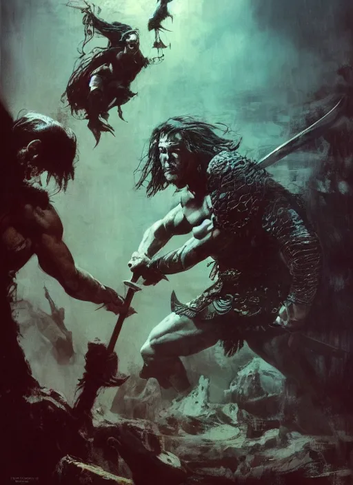 Image similar to conan the barbarian, intricate, elegant, highly detailed, vivid colors, john park, frazetta, sparth, ruan jia, jeffrey catherine jones