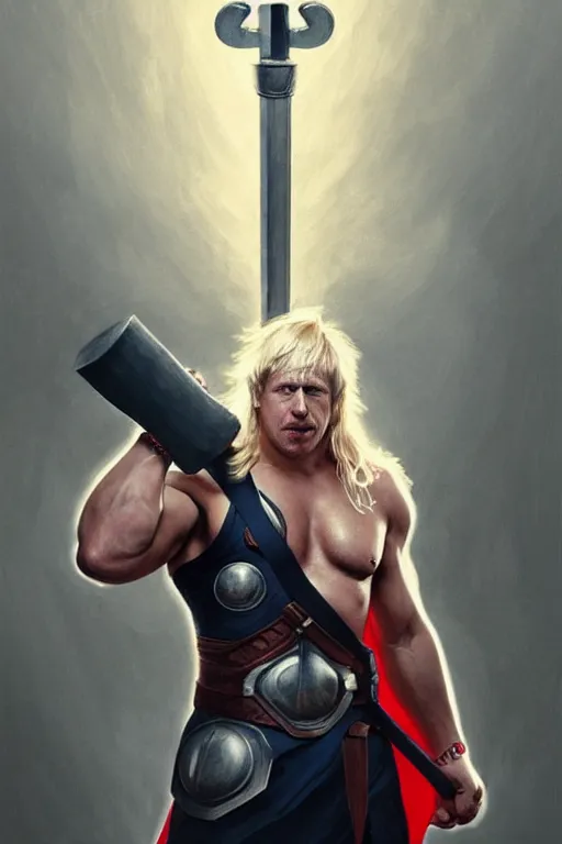 Image similar to Boris Johnson as Thor with Hammer, masculine bodybuilder figure, highly detailed, digital painting, artstation, concept art, smooth, sharp focus, illustration, cinematic lighting, art by artgerm and greg rutkowski and alphonse mucha