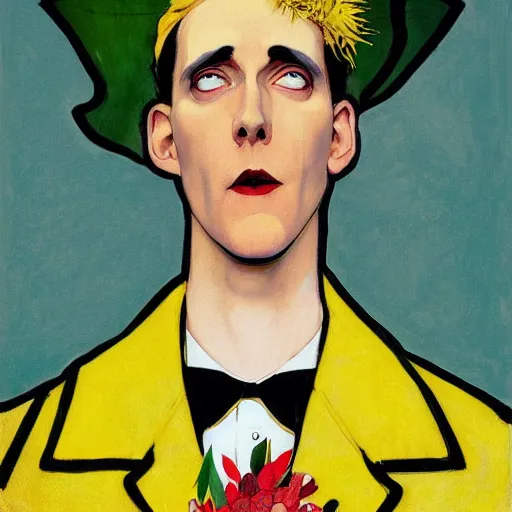 Image similar to art by joshua middleton, the creeper, a tall manically smiling yellow - skinned man with green and black striped cycling shorts and wearing a long red feather boa, mucha, kandinsky, poster, comic art, stylised design