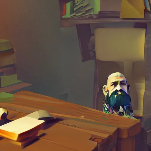 Prompt: A dwarf peeking over his desk surprised like Killroy, the desk is covered in scattered papers, deep rock galactic screenshot, low poly, digital art.