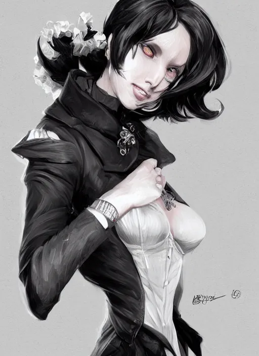 Image similar to a highly detailed illustration of beautiful short black messy haired woman wearing eyepatch!!! and noir style suit and tie, dramatic smiling pose, intricate, elegant, highly detailed, centered, digital painting, artstation, concept art, smooth, sharp focus, league of legends concept art, WLOP