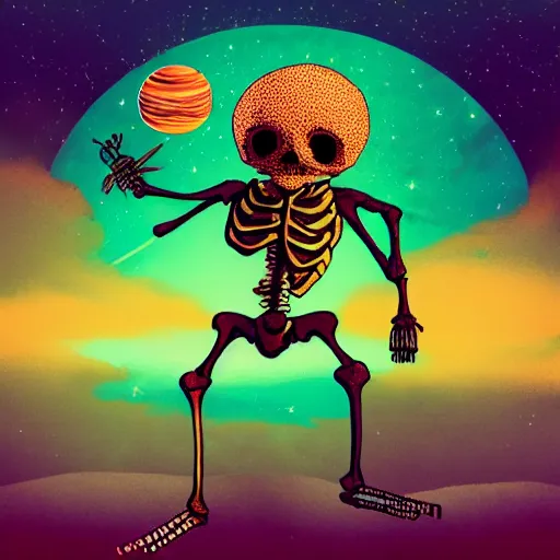 Prompt: skeleton with an afro wearing a spiked leather jacket, stylized, lofi colors faded in foreground, spacey, solar system background