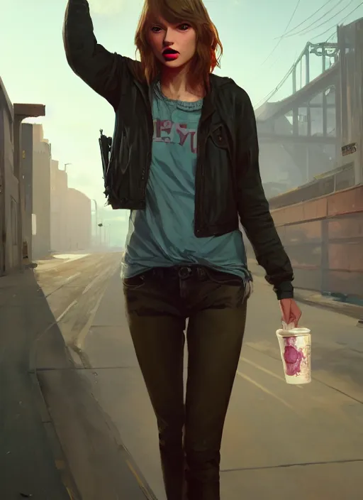 Prompt: Highly detailed full-body portrait of homeless Taylor Swift, in GTA V, Stephen Bliss, unreal engine, fantasy art by Greg Rutkowski, Loish, Rhads, Makoto Shinkai and Lois van baarle, ilya kuvshinov, rossdraws, Tom Bagshaw global illumination, radiant light, detailed and intricate environment