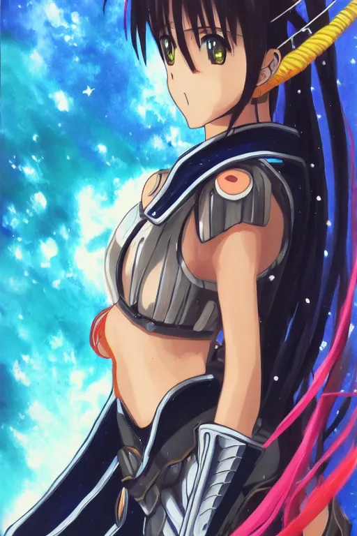 Image similar to a detailed painting in the style of anime of a galactic female warrior