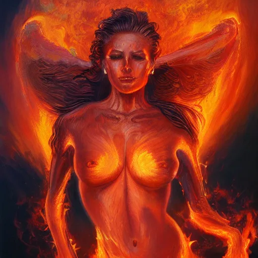 Image similar to A stunning painting of a goddess with a body engulfed in flames by Jim Burns, 8K UHD, intricate, fantasy, Trending on artstation.