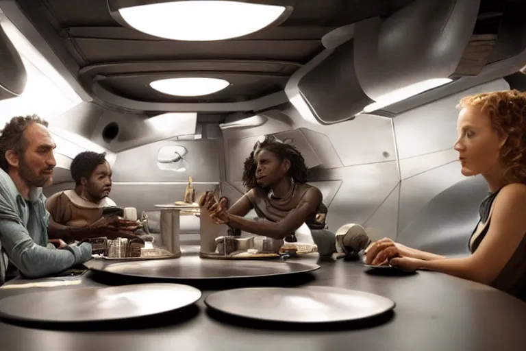 Image similar to movie diverse interracial small team of European sci-fi futuristic space explorers talking at the table in a spaceship kitchen, beautiful skin, Symmetrical faces. Beautiful lighting by Emmanuel Lubezki