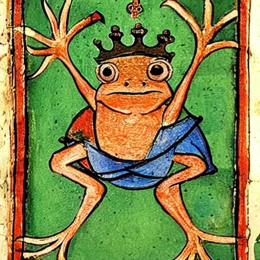 Image similar to beautiful medieval book manuscript painting of a frog wearing a crown