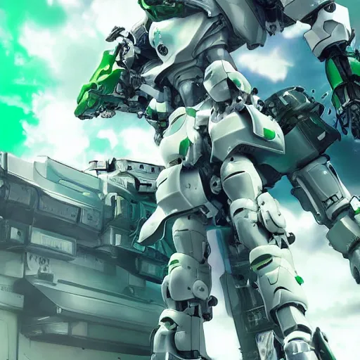 Image similar to cute saudi samurai mecha, green and white, full body mecha suit, epic urban battle, Murata Yasushi Nirasawa Style, beautiful aesthetic, photorealistic, volumetric lighting, hyperrealistic, octane render, HDR, Production IG Studios Anime Style