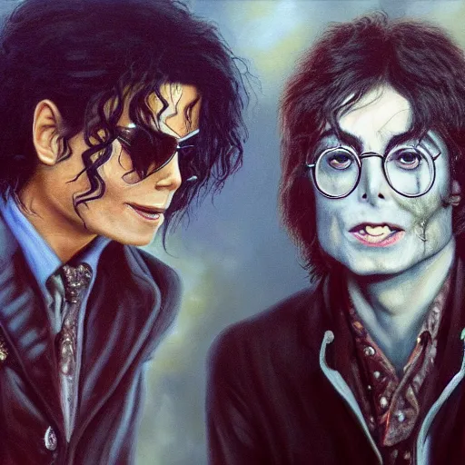 Image similar to Michael Jackson and John Lennon as rotting zombies being interviewed by Conan on a talk show, realistic, hyperrealistic, very realistic, highly detailed, very detailed, extremely detailed, detailed, oil painting, digital art, trending on artstation, HD Quality