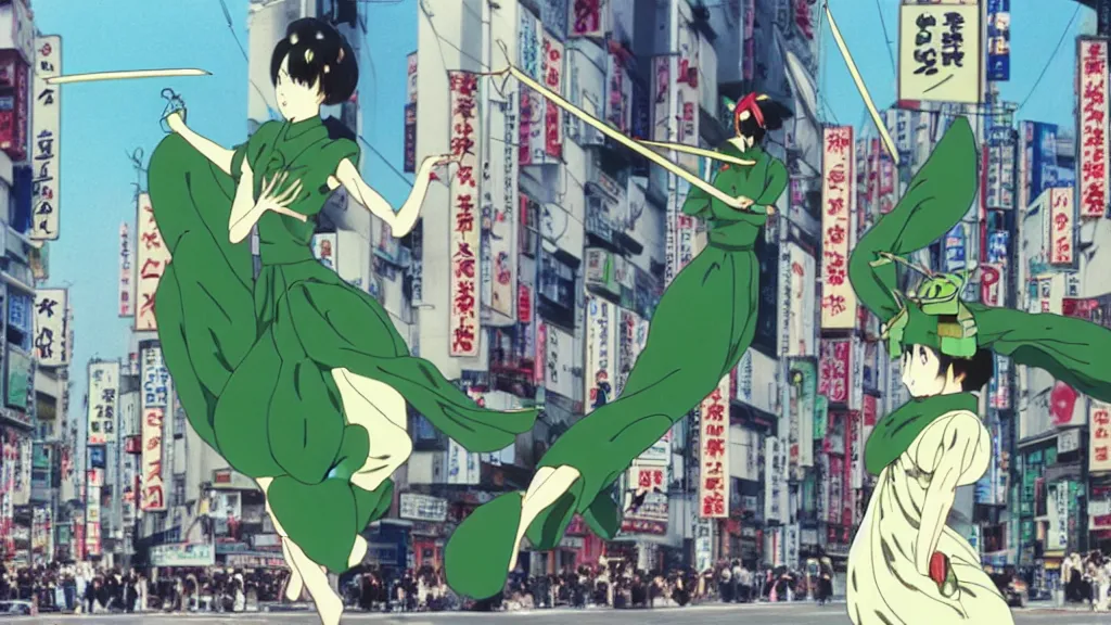 Prompt: a woman wearing a green dress and a praying mantis mask flying in the air in the streets of Tokyo with two swords, anime film still from the an anime directed by Katsuhiro Otomo with art direction by Salvador Dalí, wide lens