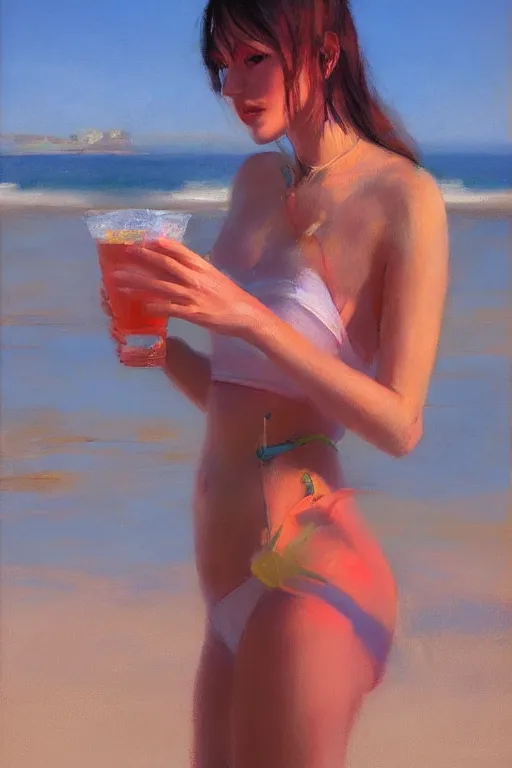 Prompt: a portrait of a cute female at the beach, drinking a cocktail mokito, sunny day, vivid colors, soft lighting, atmospheric, cinematic, moody, in the style of greg rutkowski, oil on canvas