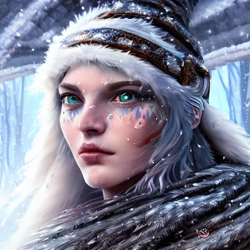 Prompt: highly detailed close up portrait of Skadi, goddess of winter, digital art, concept art, character art, studio lightning, bright colors, intricate, masterpiece, photorealistic, hiperrealistic, sharp focus, high contrast, Artstation HQ, DeviantArt trending, 4k UHD, Unreal Engine 5