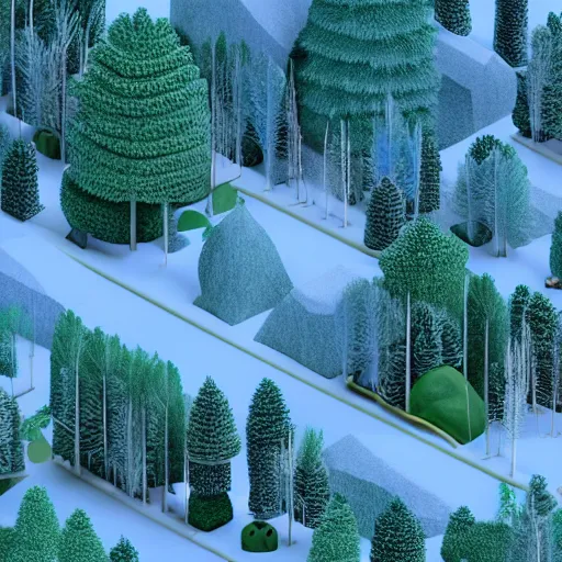 Prompt: isometric minimalistic chubby forest with magical trees, cinema 4 d, 1 0 0 mm, blue color scheme depth of field, octane render, studio lighting