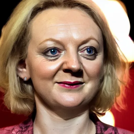 Image similar to A photo of Liz Truss as a reptilian, snake eyes, slit pupils, metallic scales