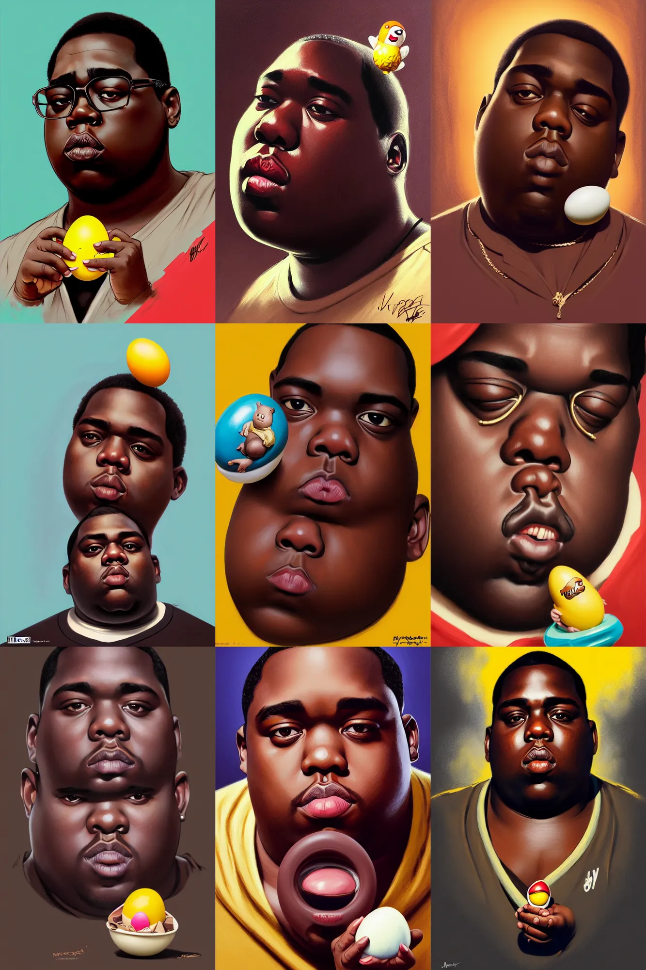 Prompt: the notorious b. i. g. as a kinder surprise toy popping out of a chocolate egg, shaded lighting poster by magali villeneuve, artgerm, jeremy lipkin and michael garmash, rob rey and kentaro miura style, trending on art station