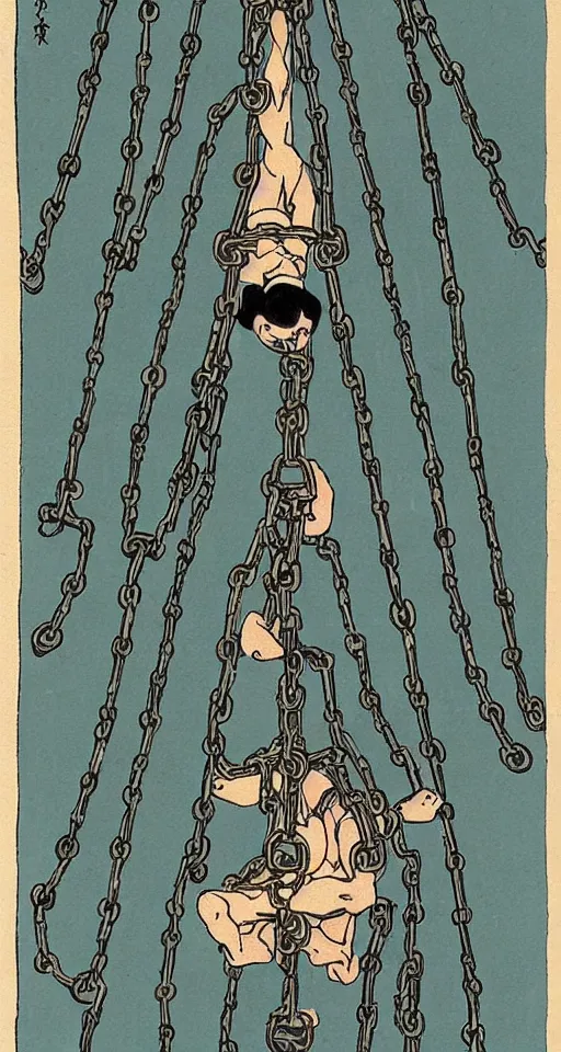 Image similar to a robot hanging by his feet in chains upside down peacefully, beautiful coloured Japanese ink painting inspired by the hanged man tarot card, sharp lines