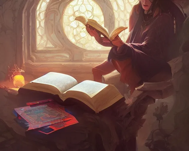 Image similar to faker reading a book, deep focus, d & d, fantasy, intricate, elegant, highly detailed, digital painting, artstation, concept art, matte, sharp focus, illustration, hearthstone, art by artgerm and greg rutkowski and alphonse mucha