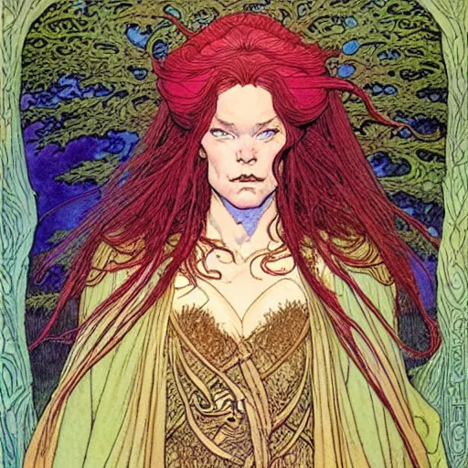 Image similar to a beautiful portrait of sanna!!!!! marin!!!!!, as a druidic wizard by rebecca guay, michael kaluta, charles vess and jean moebius giraud