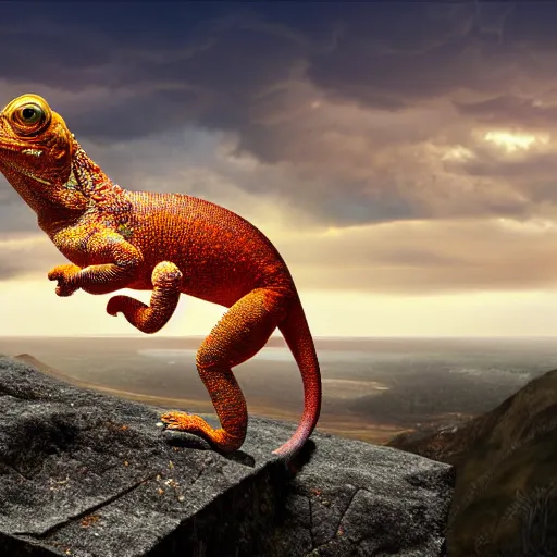 Image similar to golden chameleon hanging on a cliff by its tail, trying to catch rain drops, epic sunset skies in the background, very detailed digital art