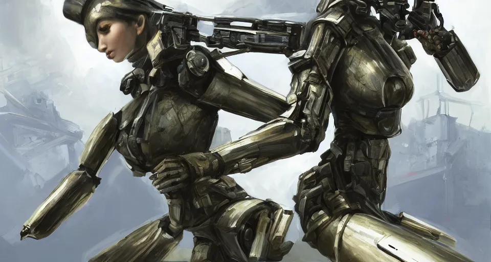 Image similar to a photorealistic painting of an attractive young girl, clothed in stealth-like battle armor, a giant sci-fi sniper rifle, olive skin, long dark hair, beautiful bone structure, symmetrical face, perfect eyes, a futuristic hover-tank in the background, intricate details, elegant, digital painting, illustration, sharp focus, minimal artifacts, from Metal Gear, in the style of Ruan Jia and Mandy Jurgens and Greg Rutkowski, trending on Artstation, award winning, unreal engine, octane render