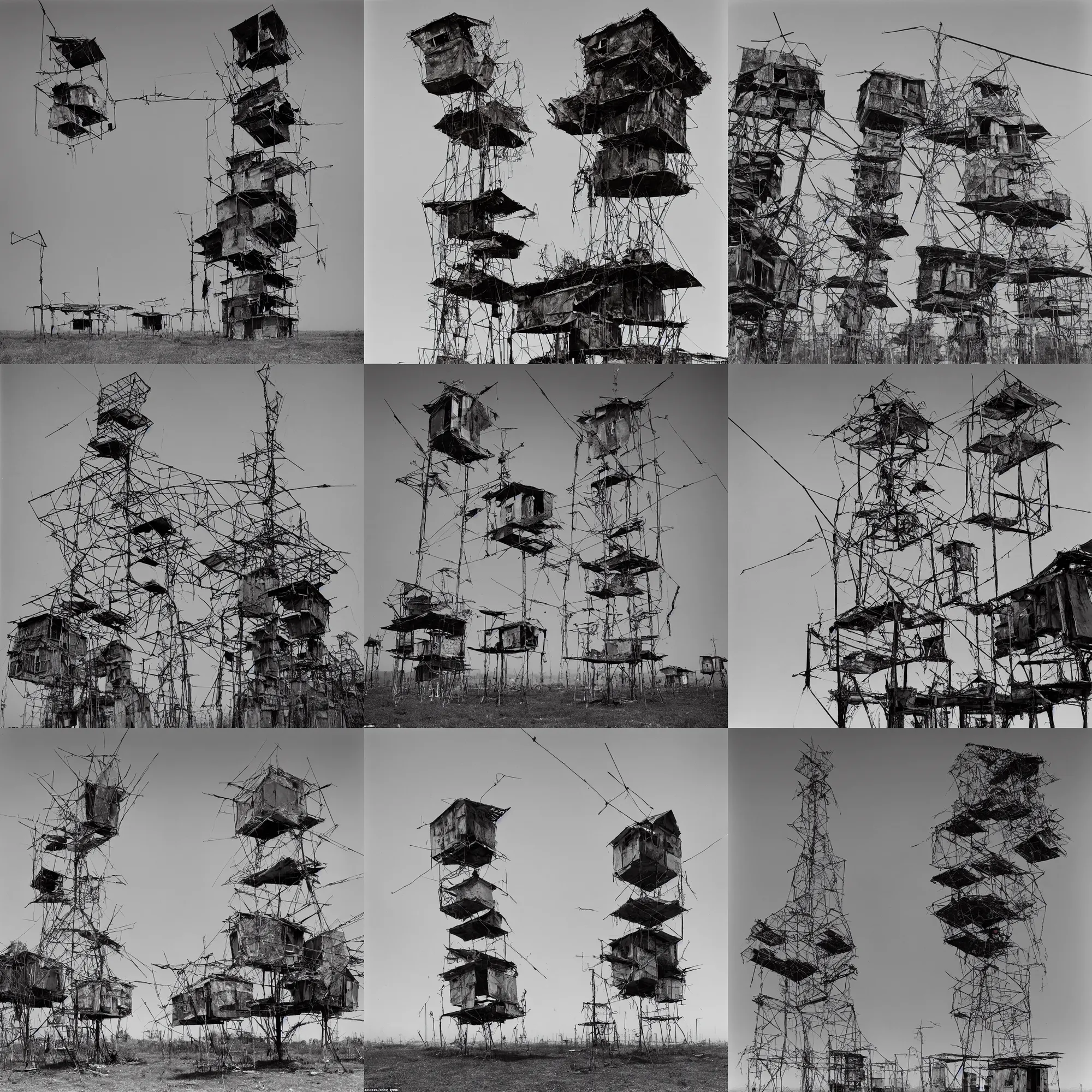 Prompt: a suspended tower made up of makeshift squatter shacks with rusted metal facades, covered by antennas, mamiya, f 1 1, fully frontal view, uniform plain sky, photographed by salvador dali
