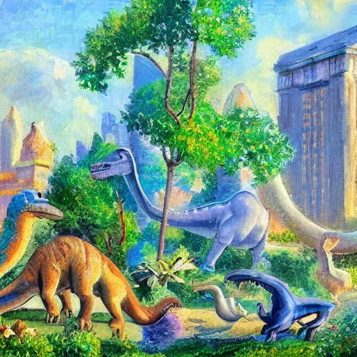 Image similar to impressionist painting of a utopian stone city with dinosaurs