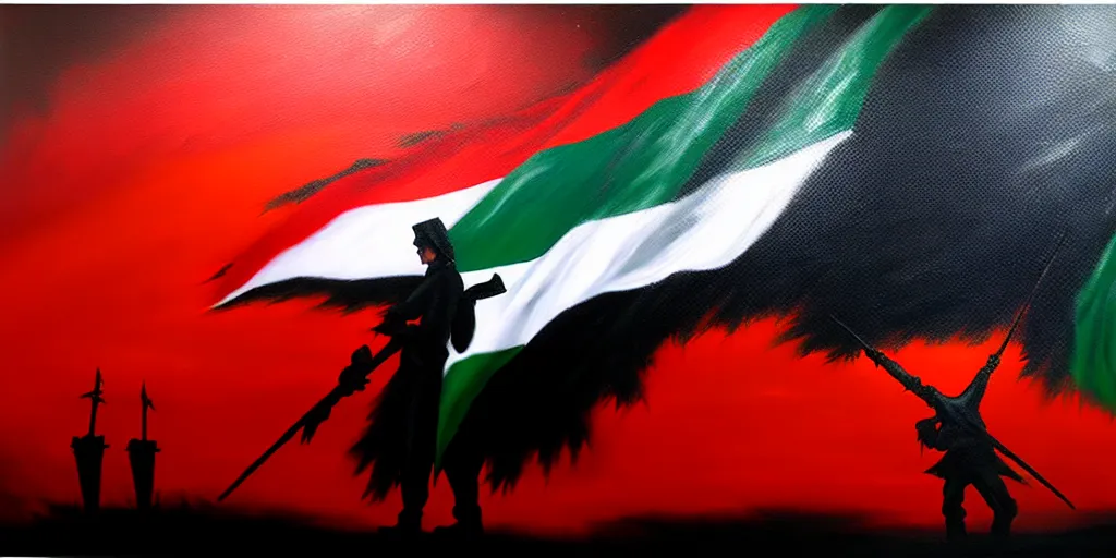 Image similar to dramatic epic dark oil painting of freedom for palestine, red green white black