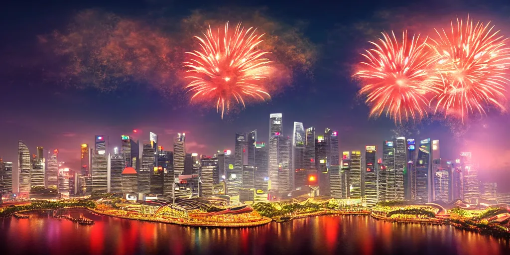 Image similar to Singapore city with a lion-shaped cloud in the sky and fireworks in the sky, by Studio Ghibli, red and white lighting, digital art, ultra realistic, ultra detailed, photorealistic, 4k, character concept