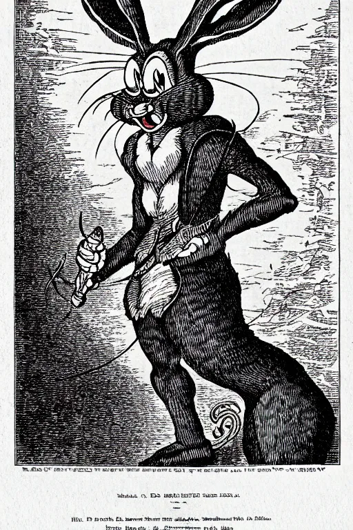 Prompt: bugs bunny, as a demon from the dictionarre infernal, pen - and - ink illustration, etching by louis le breton, 1 8 6 9, 1 2 0 0 dpi scan, ultrasharp detail, hq scan, intricate details, stylized border