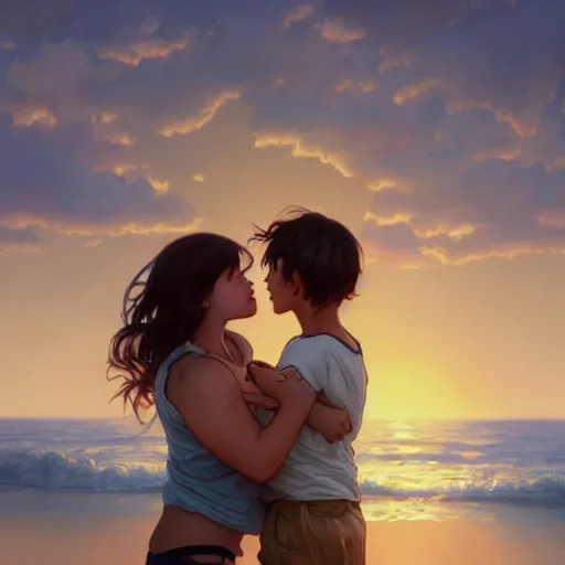Prompt: a boy hugging a crying girl on the beach, sunset, hyper realistic, extremely detailed, raytracing, art by artgerm, greg rutkowski and alphonse mucha, wlop, artstation, octane render