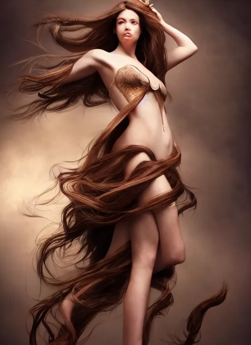 Image similar to a gorgeous female with long brown hair, photo by tim walker, realistic, full body shot, wide angle, sharp focus, 8 k high definition, insanely detailed, intricate, elegant, art by stanley lau and artgerm, floating embers