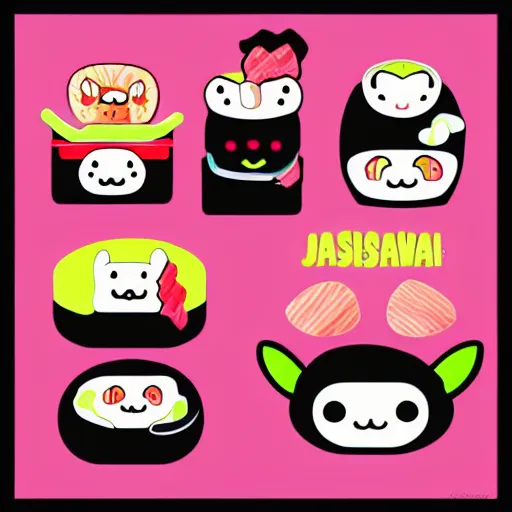 Image similar to kawaii sushi food character japanese mascot. Pastel tones. cartoon anime repeating pattern